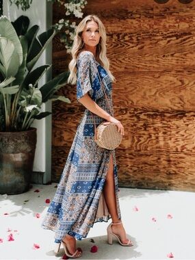 Vici Blue Patterned Maxi Dress with Tan Accents
